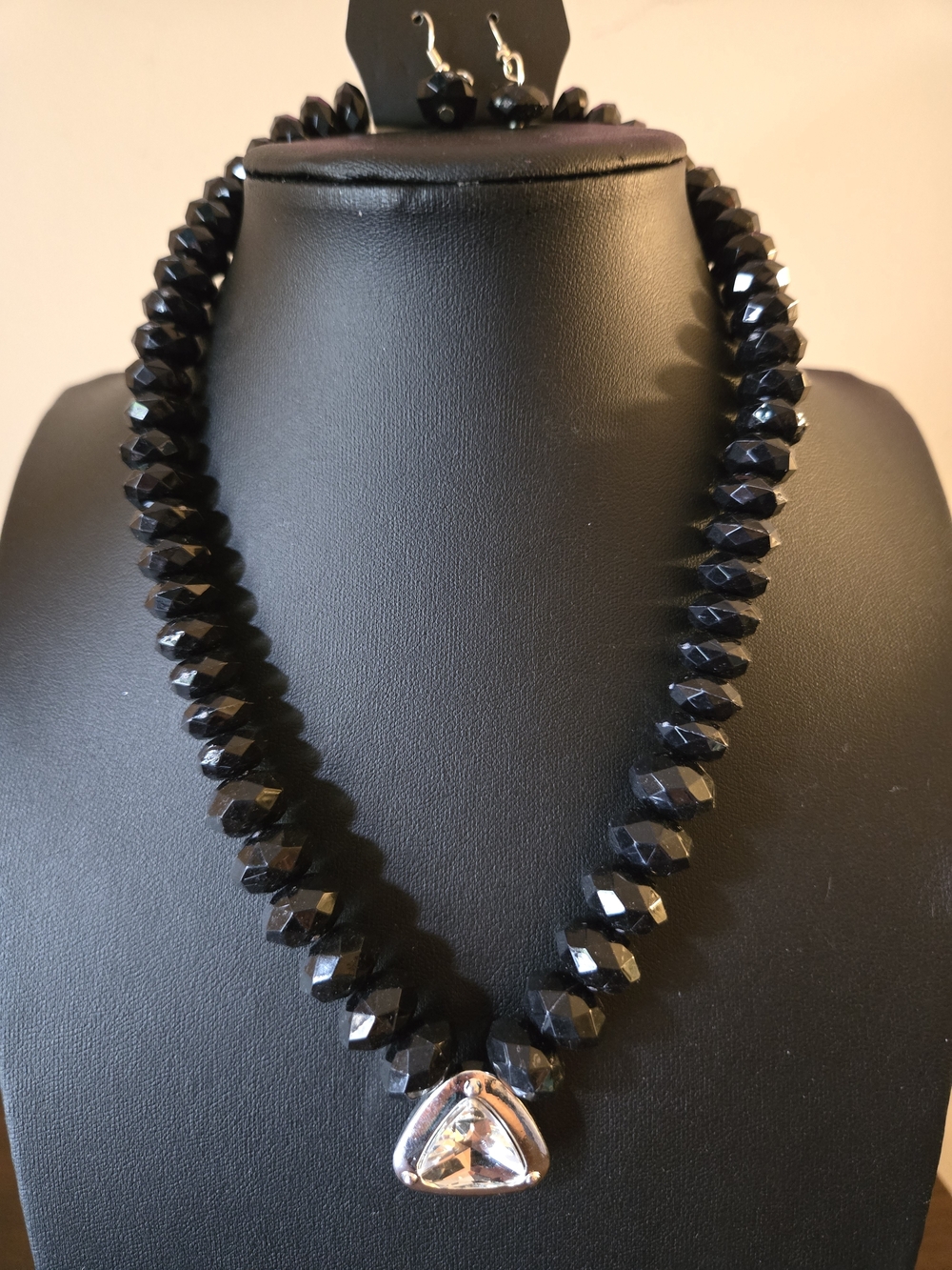 Black Faceted Bead Necklace with Pendant - Women's Jewelry